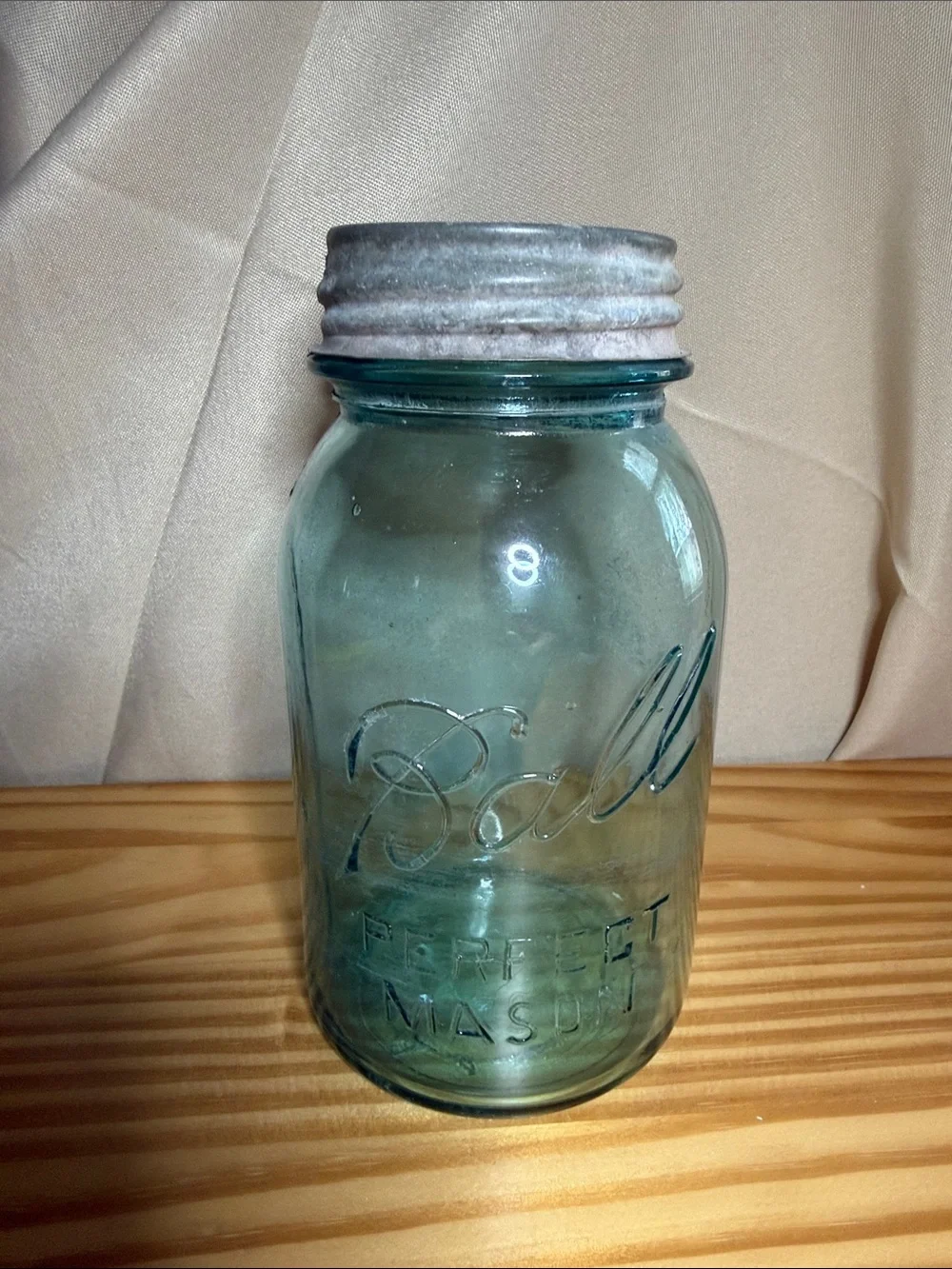 Vintage 1910-1923 Ball Perfect Mason Jar Aqua Blue Blue Glass Quart w/ Zinc Lid
